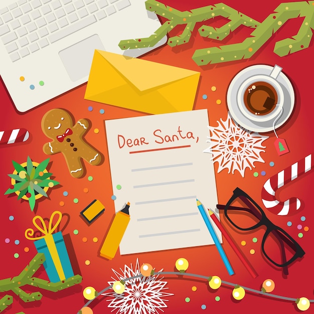 Vector merry christmas wish list to santa claus flat illustration