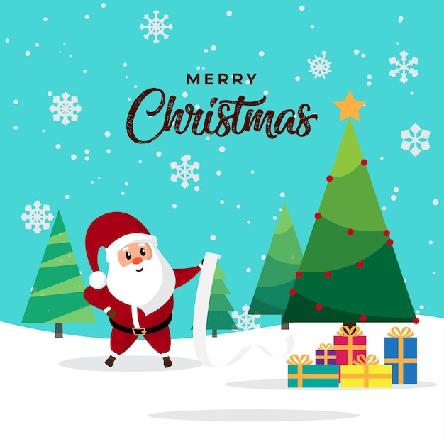 Merry Christmas Wishing card with Santa decorated Christmas tree  gifts and snowflakes