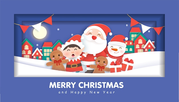 산타 클로스와 크리스마스 배경, 종이 컷 및 공예 스타일의 크리스마스 카드에 대 한 친구와 함께 메리 크리스마스.