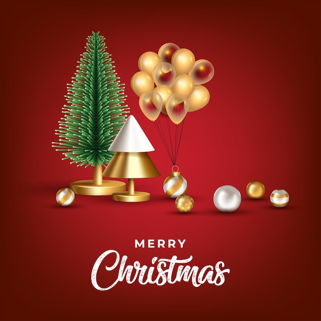 Merry christmas with balloons christmas tree and decoration balls realistic vector