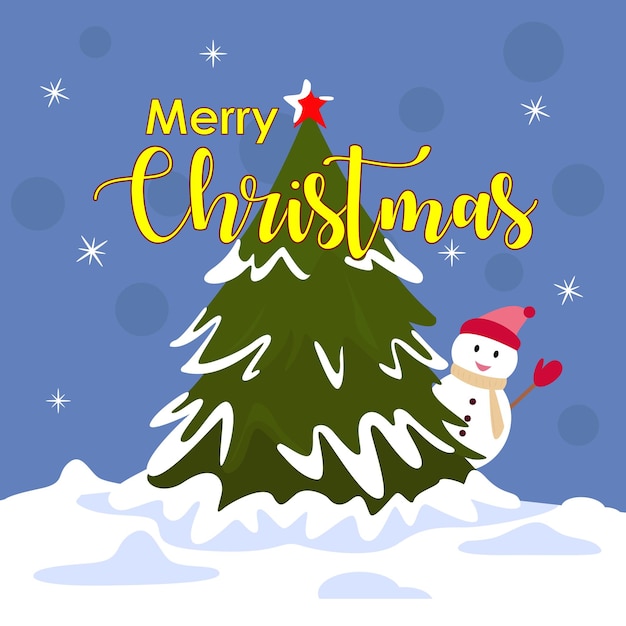 Merry Christmas with Christmas tree in snow premium vector illustration