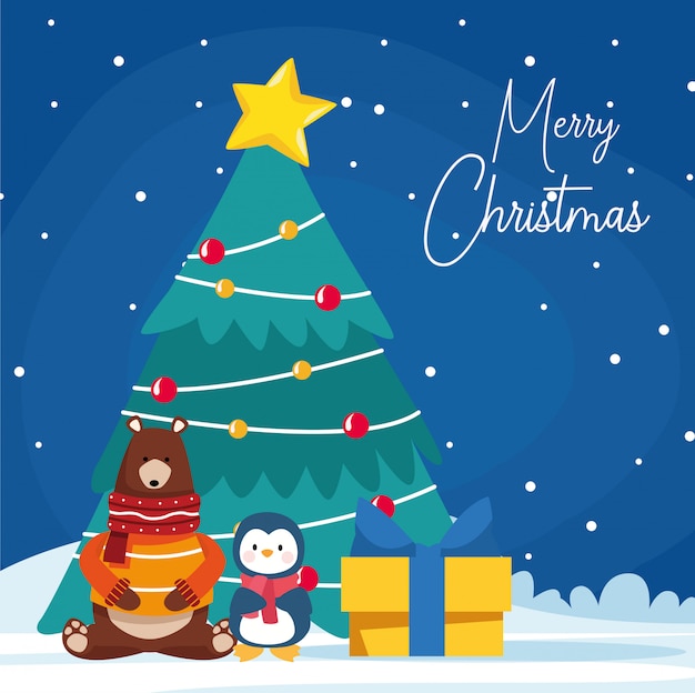 Merry christmas  with cute animals and christmas tree over snowy night , colorful design ,  illustration