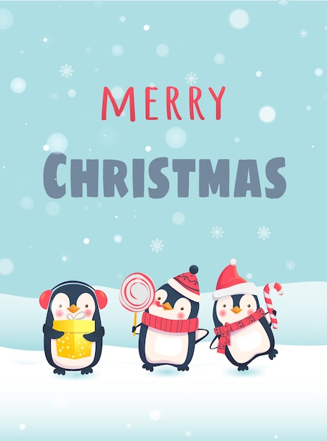 Vector merry christmas with cute animals. penguins with christmas gifts