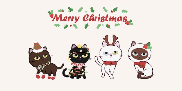 Vector merry christmas with cute cat dress up collection. cute cat character for christmas and new year.