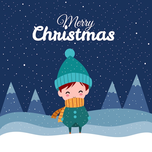 Merry Christmas with Cute Kawaii Hand Drawn Boy Wearing Winter Costume