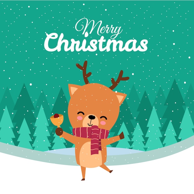 Merry Christmas with Cute Kawaii Hand Drawn Deer With Red Scarf Ringing Bell