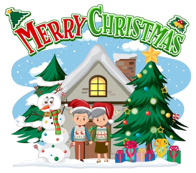 Vector merry christmas with elderly couple standing in front of a snow house