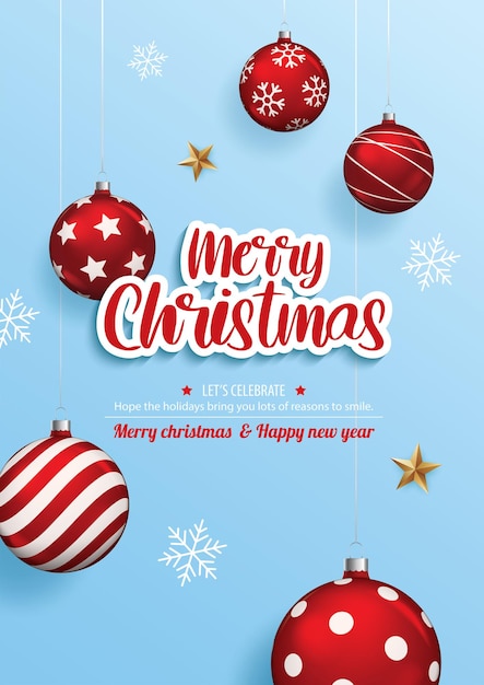 Merry christmas with glass ball for flyer brochure design on blue background