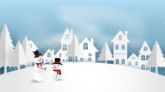 Vector merry christmas with paper snowman in winter season.