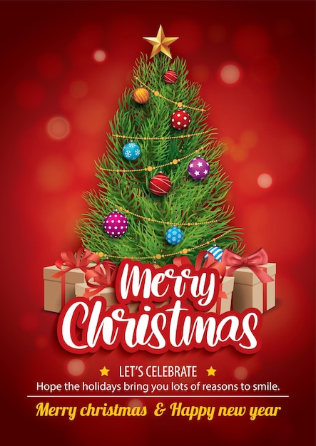 Merry christmas with pine fir lush tree for flyer and brochure design background template