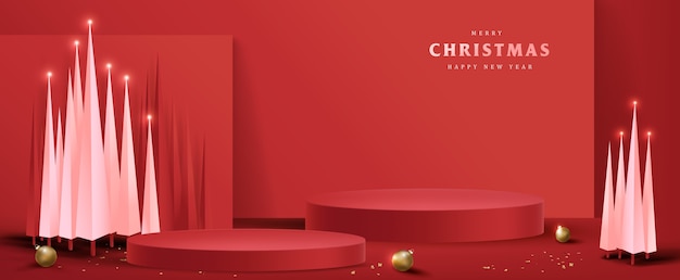 제품 디스플레이 원통형 모양과 크리스마스 트리 메리 크리스마스