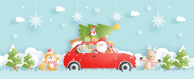 Merry Christmas with santa claus driving a car, in paper cut style vector illustration.