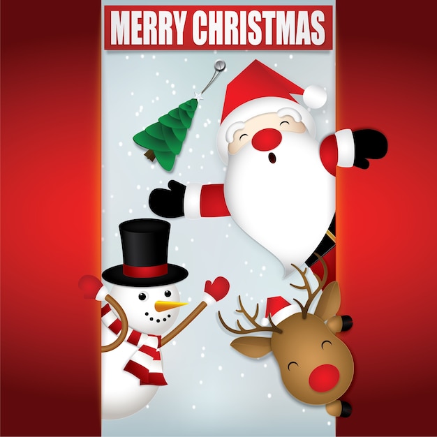 Merry christmas with santa claus and snowman