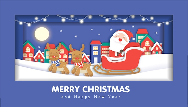 Счастливого Рождества с Дедом Морозом и друзьями на рождественский фон, рождественская открытка в стиле вырезки из бумаги и ремесла.
