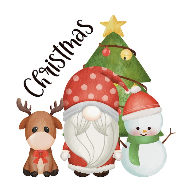 Vector merry christmas with santa lean deer and snowman. banner christmas.