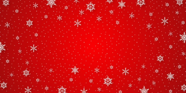 Merry christmas with snowflakes and snowfall on red background in paper art style