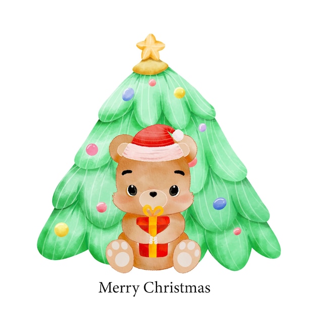 merry christmas with watercolor cute teddy bear holding gift box and christmas tree vector