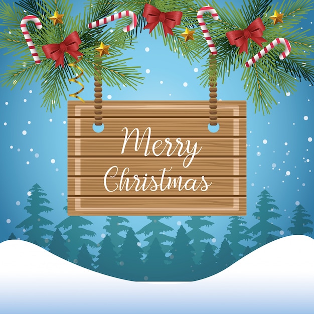 Vector merry christmas wooden board hanging and christmas ornaments