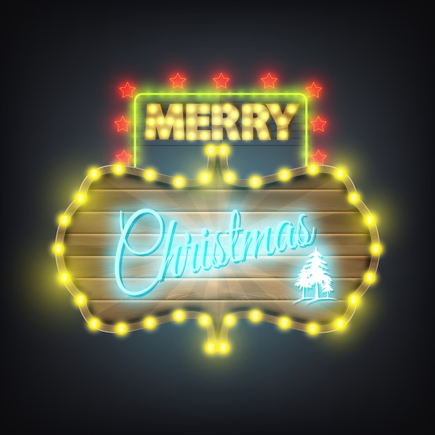 Vector merry christmas wooden neon billboard