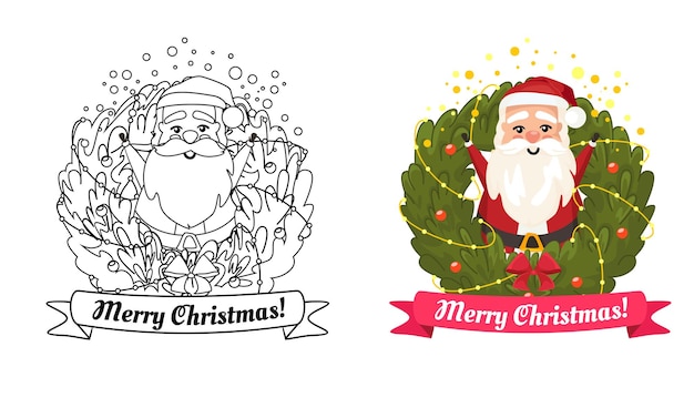 Merry Christmas Wreath Circle Shape and Santa Claus Doodle Vector Design Template Isolated. Coloring Black and white and color version. Children book illustration.