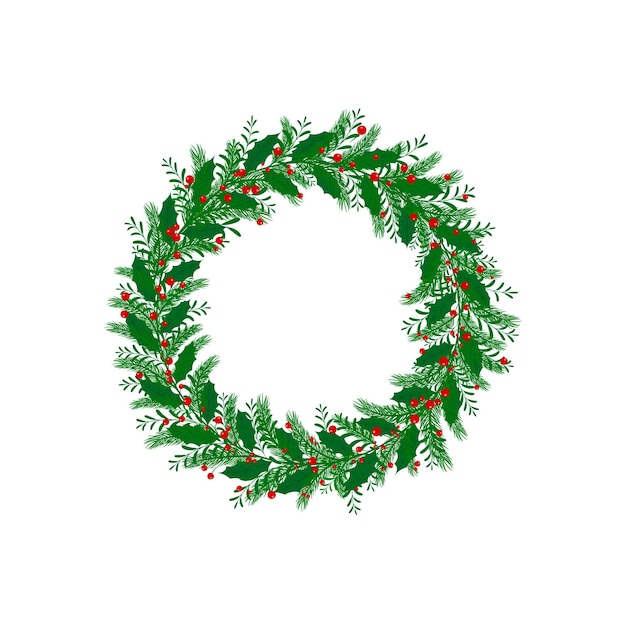 Vector merry christmas wreath green fir twigs and red berriesthe frame is made of green spruce branches