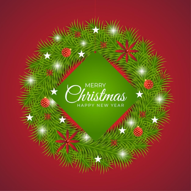 Merry christmas wreath leaf and rad ball christmas white star rad background