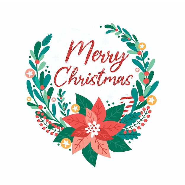 Vector merry christmas wreath with text white background festive decorative frame with plant elements holly mistletoe pine fir branches berries xmas and happy new year greeting card poster banner