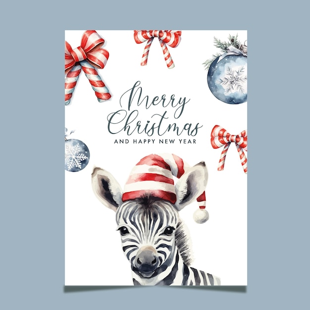 Premium Vector  Merry christmas zebra santa hat 2024 vector watercolor handdraw happy new year