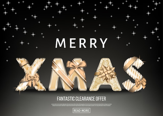 Merry Christmas zwarte achtergrond met gouden decoratieve letters met gouden geschenk boog lint