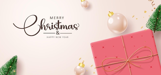 메리 크리스마스 텍스트 터 디자인 크리스마스 축하 카드와 선물 상자 및 크리스마스 공 장식