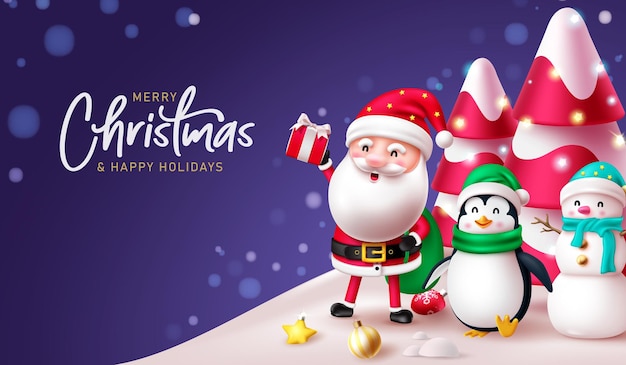 Merry chritsmas text vector design Christmas santa claus penguin and snow man characters
