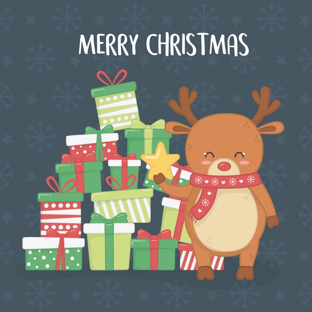 Merry merry christmas card with reindeer and gifts