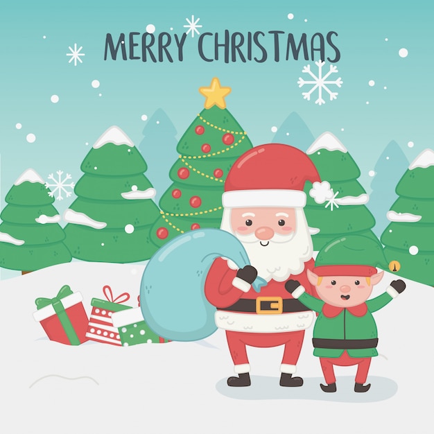 Merry merry christmas card with santa claus and elf