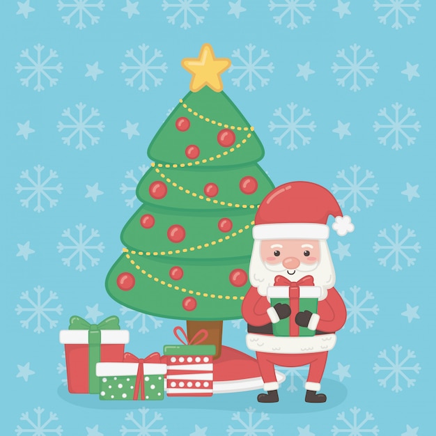 Merry merry christmas card with santa claus and pine tree