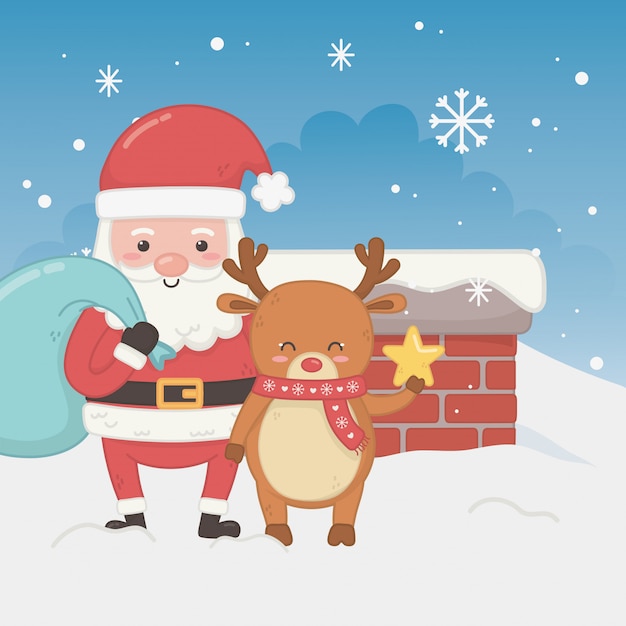 Merry merry christmas card with santa claus and reindeer