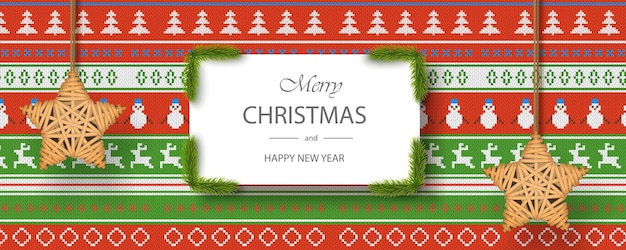 メリークリスマスと新年あけましておめでとうございますカードテンプレート、クリスマス生地のリアルなデザイン