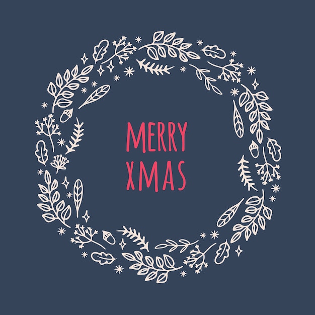 Vector merry xmas greeting in a floral wreath