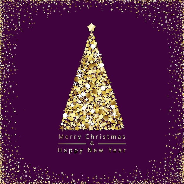 Merry Xmas and A Happy New Year congrats. Square glittering background with glowing Christmas tree.