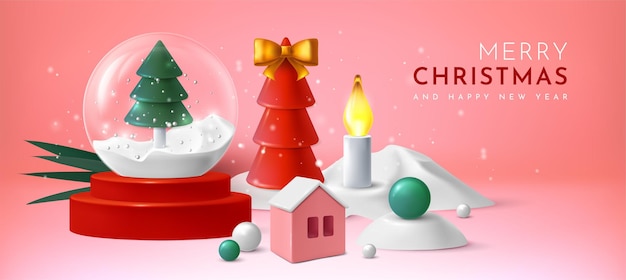 Вектор С рождеством христовым снежный фон 3d новогодний глобус с елкой празднование рождества стеклянный шар и свеча пластиковый дом ель украшения игрушки праздничный снежок вектор реалистичный баннер