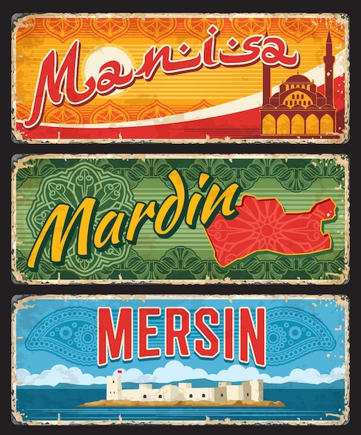 Mersin, Mardin 및 Manis 터키 지방 표지판, 플레이트. 터키 일 지방 수하물 태그