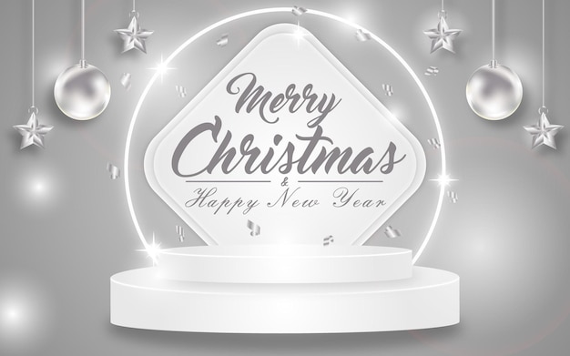 Buon natale e felice anno nuovo podio tinsel premium lusso podio social media post vendita bagliore banner sfondo grigio illustrazione vettoriale oro bianco