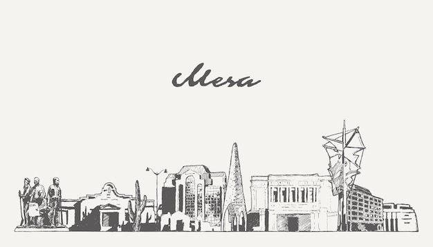 Mesa skyline, Arizona, Usa, handgetekende vectorillustratie, schets