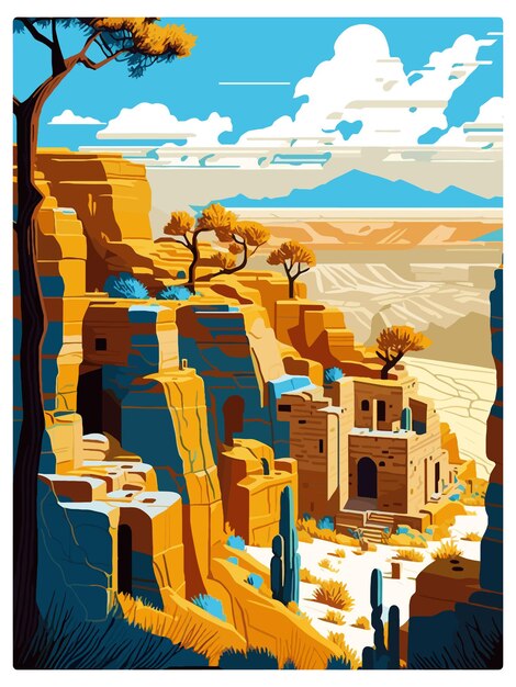 Vector mesa verde national park colorado vintage travel poster souvenir postcard portrait painting wpa