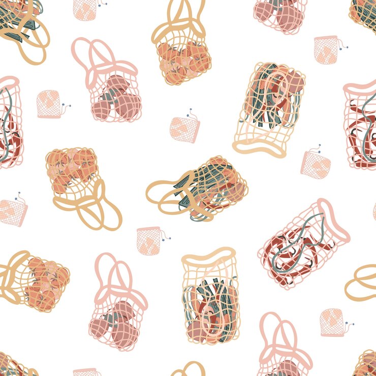 Vector mesh bags with vegetables for salad for eco friendly living vector seamless pattern