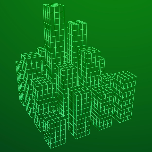 Mesh laag poly wireframe kubussen array zoals wolkenkrabber stad. Verbonden lijnen. Verbindingsdoosstructuur. Digitaal gegevensvisualisatieconcept. Vectorillustratie.