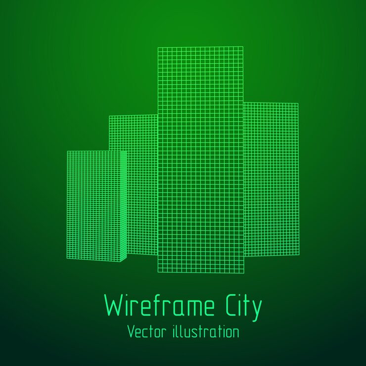 Vector 마천루 도시 연결된 라인 연결 상자 구조 디지털 데이터 시각화 개념 벡터 일러스트와 같은 메쉬 낮은 폴리 와이어 프레임 큐브 배열