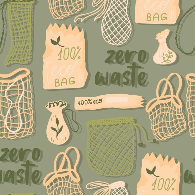 Mesh of mesh boodschappentassen voor eco vriendelijk leven vector naadloze patroon mode koper van de Vegan Zero Waste concept kleurrijke hand getekende vectorillustratie voor banner briefkaart poster