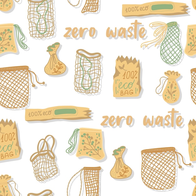 Mesh of mesh boodschappentassen voor eco vriendelijk leven vector naadloze patroon mode koper van de Vegan Zero Waste concept kleurrijke hand getekende vectorillustratie voor banner briefkaart poster