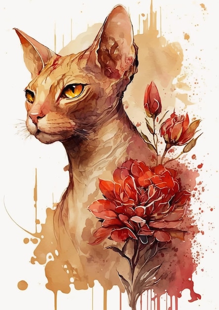 Mesmerizing and enchanting watercolor painting of a sphinx cat