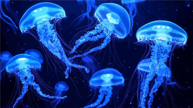 Vector mesmerizing jellyfish floating in dark waters illuminated by blue light